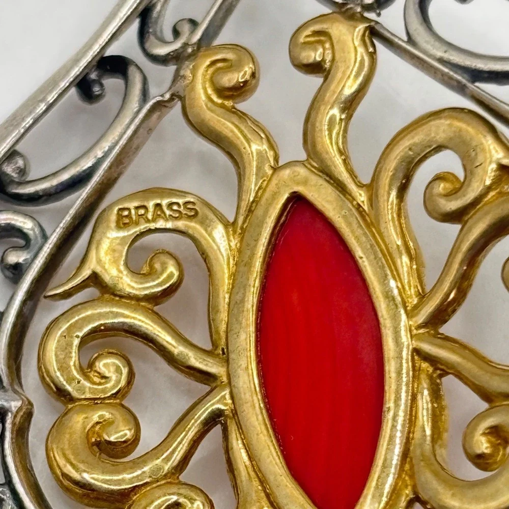Vintage Carolyn Pollack Pendant Enhancer 925 Silver Brass Red-Orange Stone 3